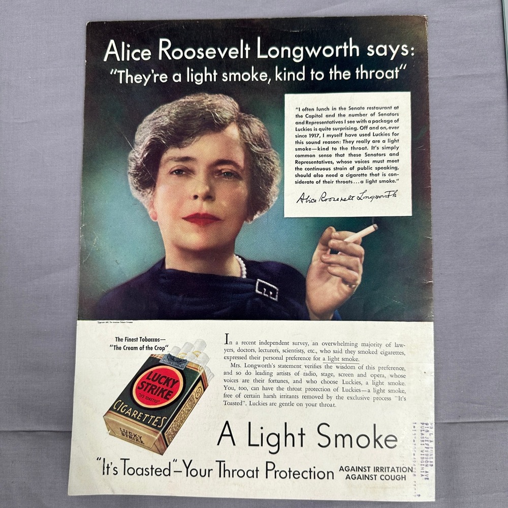 1937 Lucky Strike Cigarettes Alice Roosevelt Longworth Vintage Print Ad Wall Art